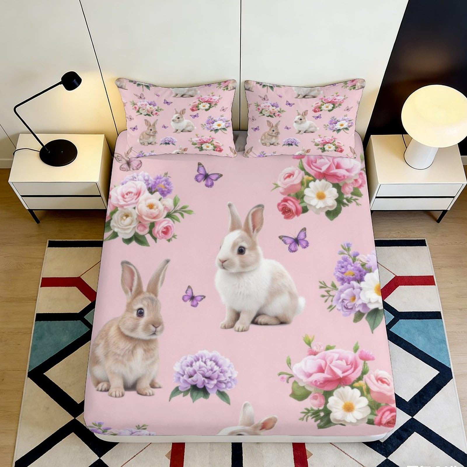 3D Printed Bunny Floral Fitted Sheet Microfiber Deep Pocket Non-Slip Bedroom Bedding Rabbit Mattress Fitted Cover Washable for Adults Teens 140x200x25cm