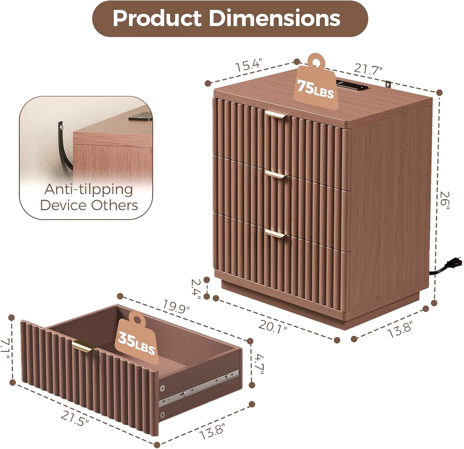 Nightstands Set of 2, Nightstand with Charging Station & 3 Drawers Storage Bedside Table Large Fluted Bed Side End Table, Modern Nightstand for Bedroom Living Room (Walmut)