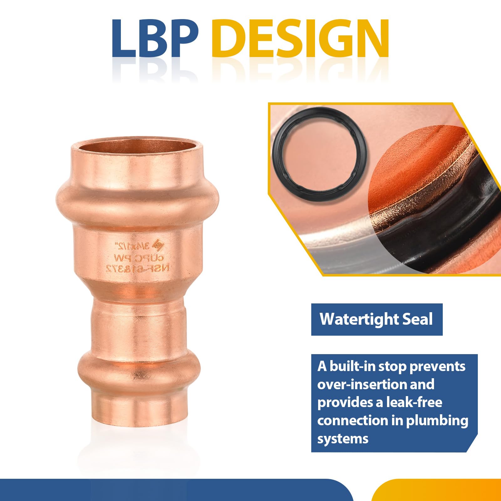 Paquete de 10 racores de Cobre a presión GUOFIS, Acoplamiento Reductor de 3/4 de Pulgada x 1/2 Pulgada con Tope, diseño LBP, acoplador de Cobre a presión para conexión de Tubos de Cobre.