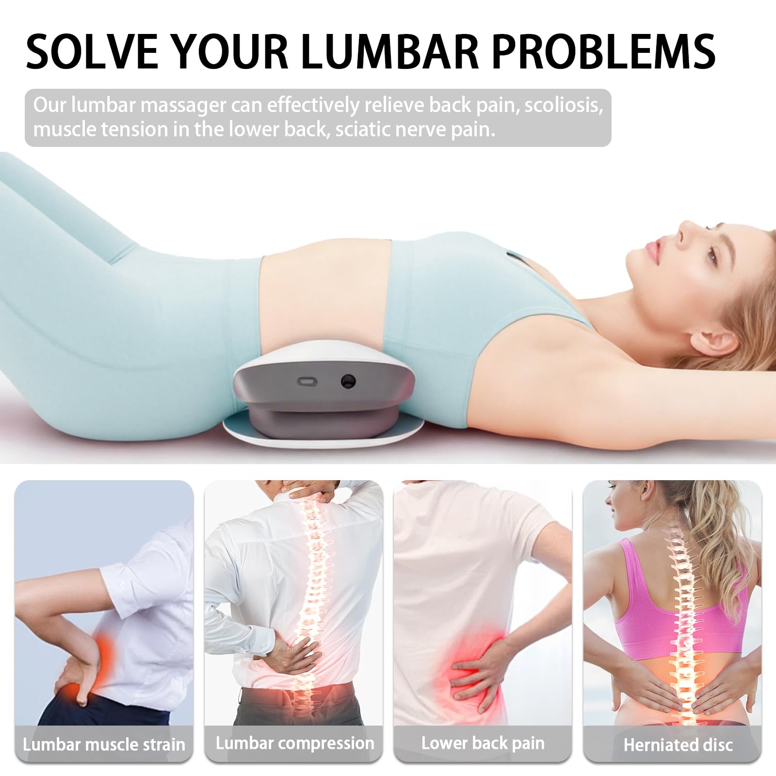 Apparecchio per Massaggio Lombare, 4 in 1 Massaggiatore per Schiena Senza Fili con Trazione Tramite Airbag, Impacco Caldo, Massaggio Vibrante, Elettroterapia EMS