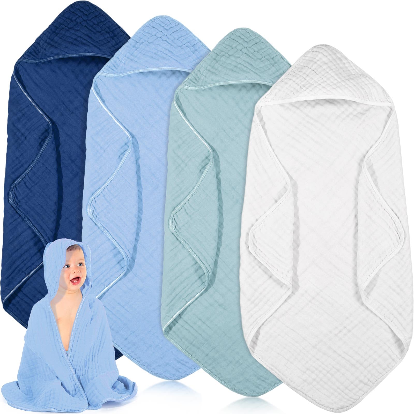 Peryiter 4 Pcs Muslin Hooded Baby Towels 32x32inch Cotton Newborn Bath Essentials Muslin Infant Blankets Absorbent Registry Baby Shower Present for