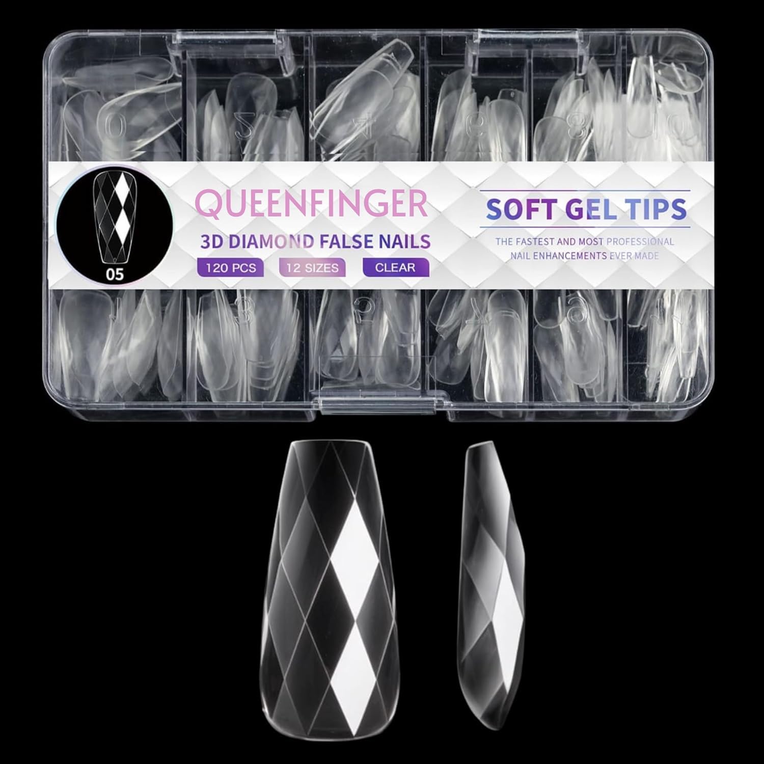 Soft Gel Nail Tips, 120pcs 3D Diamond-Shaped Fake Nails Extension, 12 Sizes Full Cover Clear Press-On Tip, Natural Rhombus Lattice (Clear Diamond, 07)-image-47
