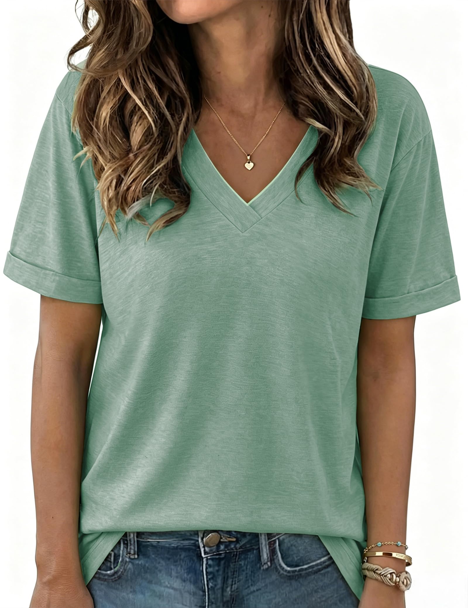 Aottori T-Shirt Damen V-Ausschnitt Kurzarm Locker Sommer Basic | Einfarbige Oberfläche; V-Ausschnitt mit kurzen Ärmeln als klares Designdetail; lockere Passform; für Sommer und warme Tage