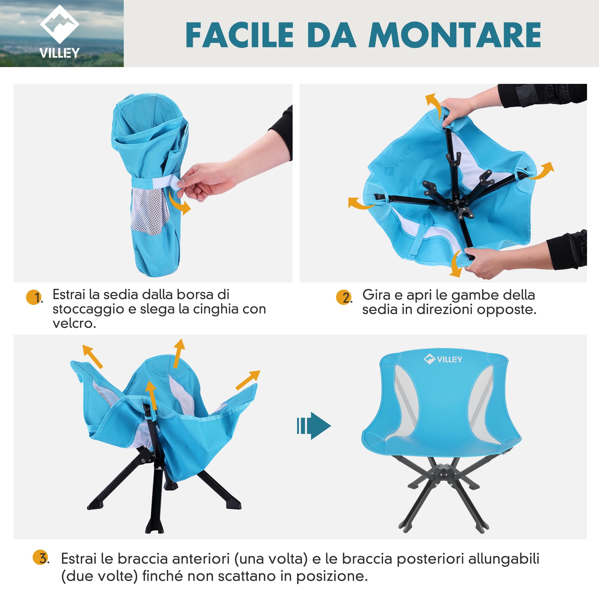 VILLEY Sedia da Campeggio Pieghevole Leggera e Portatile Blu, 150 kg di Capacità, con Borsa per il Trasporto – per Campeggio, Viaggi, Picnic, Festival, Escursionismo