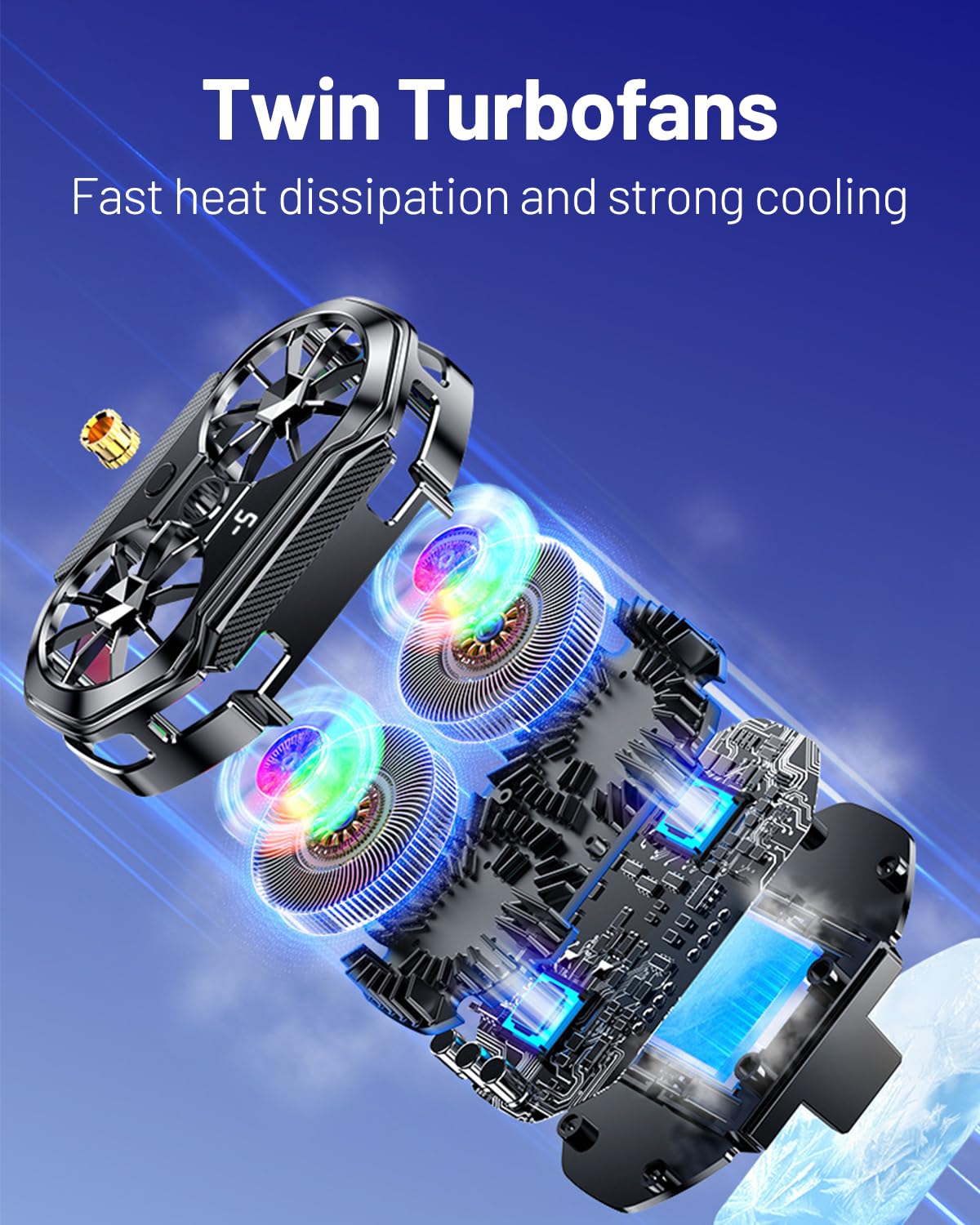 Dispositivo di raffreddamento per smartphone, gaming e live streaming, display temperatura LED, 3 velocità ventilazione, compatibile da 4,5 a 7 pollici