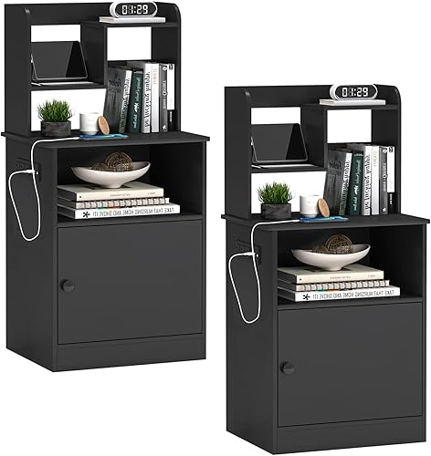 Miniatura 1 de EPHEX Juego de 2 mesitas de noche con estación de carga mesita de noche de 394 pulgadas de alto con estantes mesa auxiliar con 2 estantes abiertos