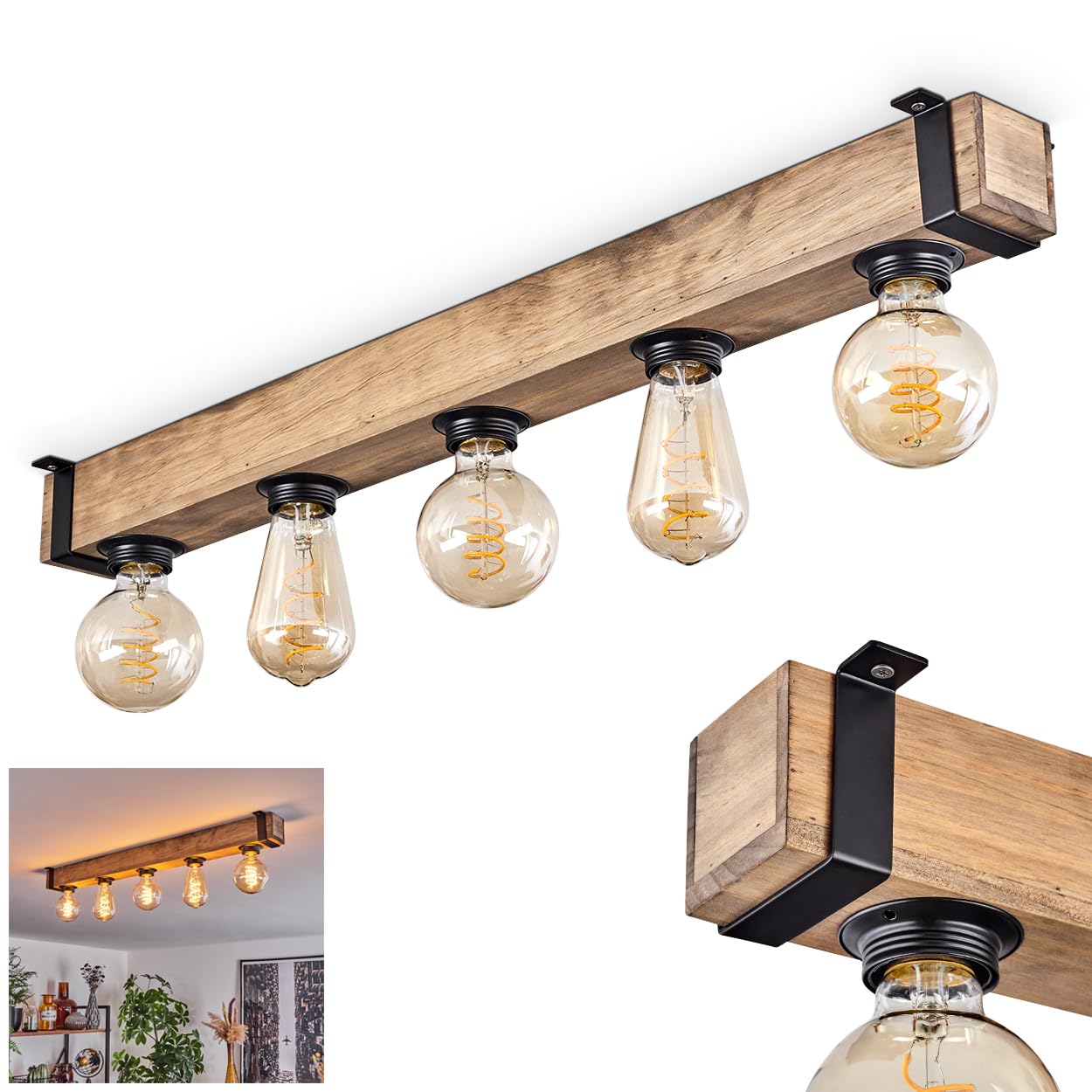 Ceiling Light Montgomery, Modern Ceiling lamp Made of Metal/Wood in Black/Nature, Light in Industrial Style, Retro/Vintage Light 5-Flame with Wooden Beam, 5 x E27-socket. Without Bulbs