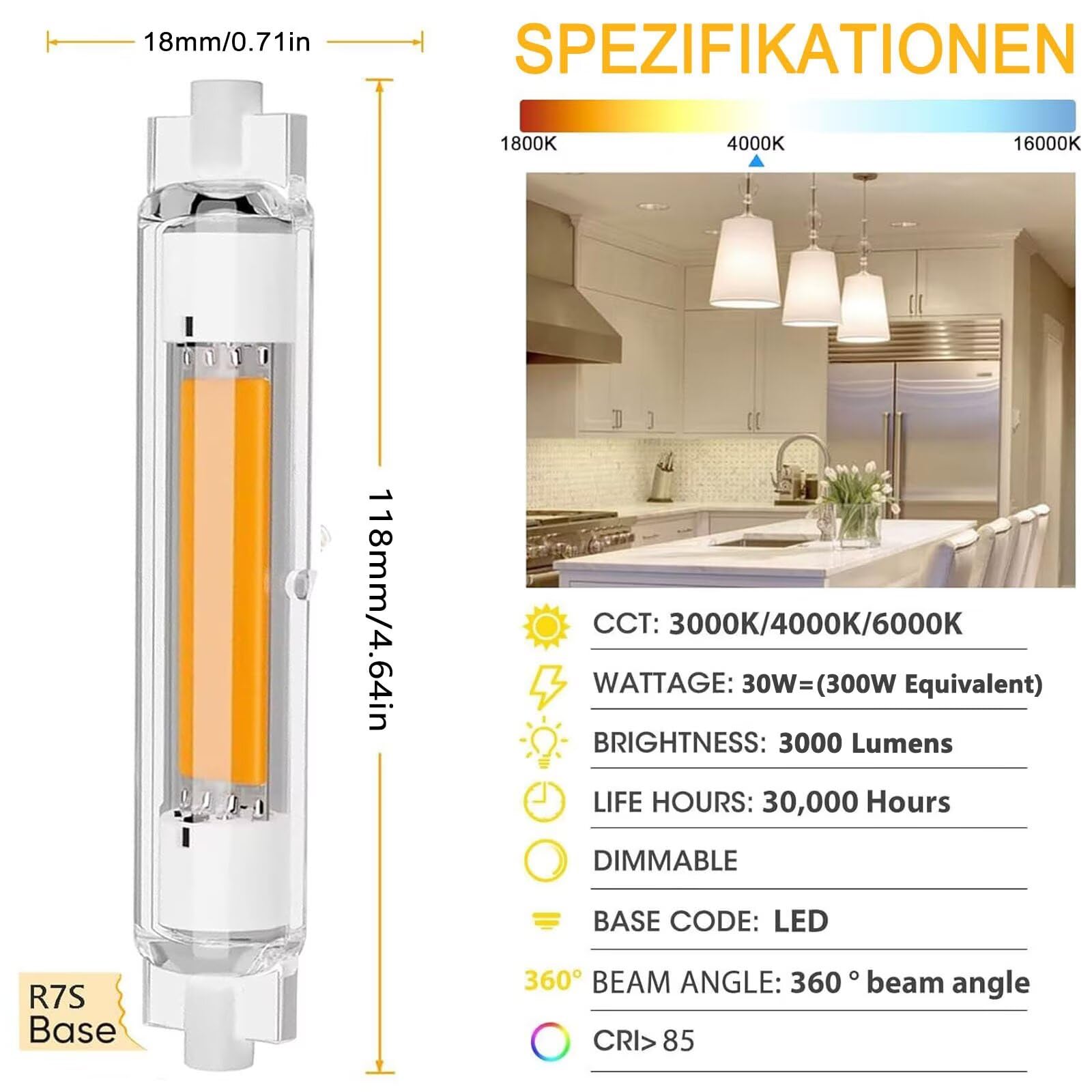 R7S LED 118mm Dimmbar 30W Lampen Ersatz für 300W Halogen Glühbirnen, LED R7S 118mm Naturweiß 4000K 3000 LM, 360°Abstrahlwinkel, Kein Flackern für Deckenfluter Stehlampe Wandleuchte, 6er Pack