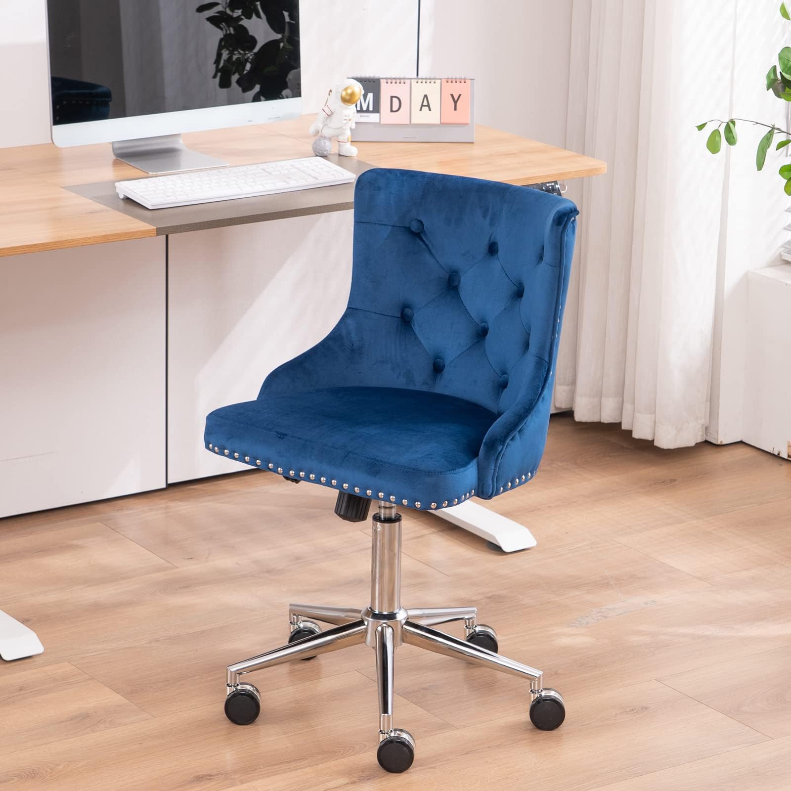 VINGLI Navy Blue Velvet Armless Home Office Desk Chair with Silver Chrome Base/Wheels, Cute Vanity/Makeup Chair with Back for Bedroom, Upholstered Adjustable Rolling Swivel Nail Chair for Women/Girls