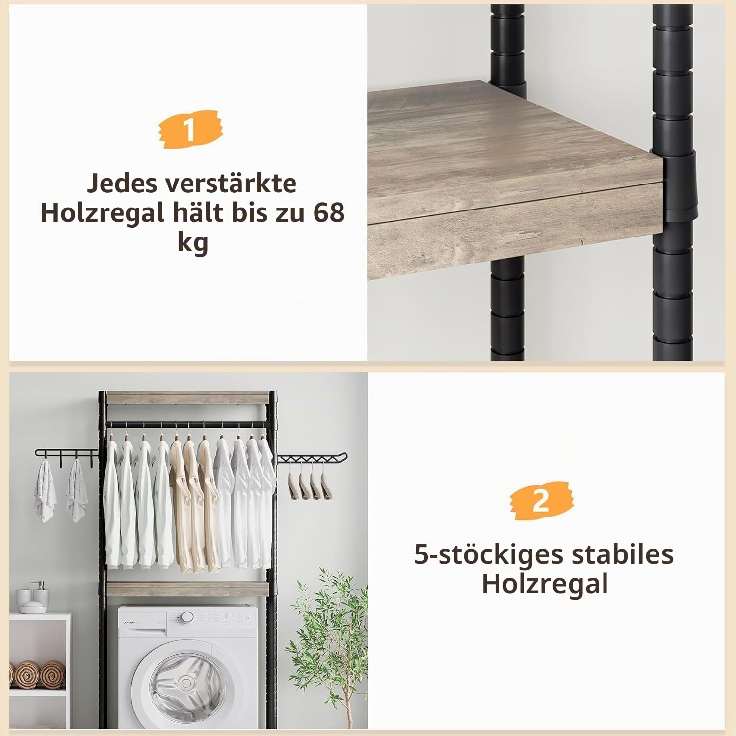 Litake Waschmaschinenregal ohne Bohren, Toilettenregal mit Ablage Aufhängestange Und Haken Badezimmerregal Garderobenständer Platzsparender W79 x D30x H188cm Metall Schwarz+ Grau