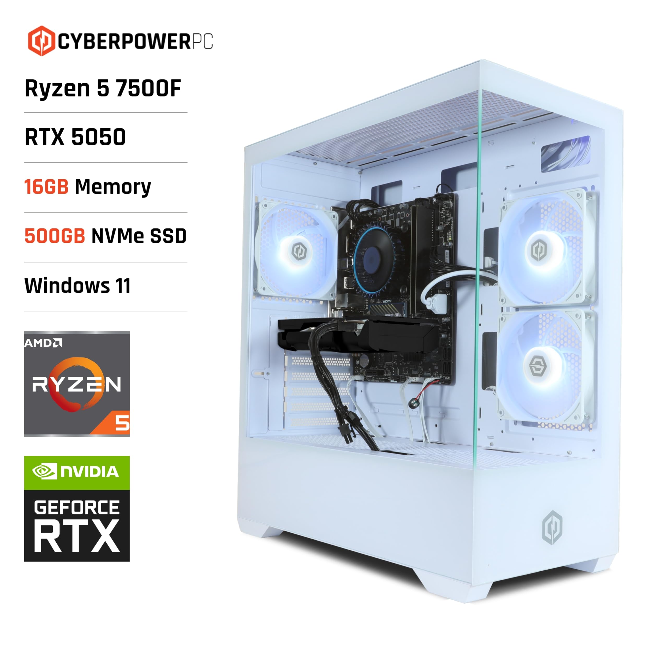 CyberPowerPC Wyvern Gaming PC - AMD Ryzen 5 7500F, Nvidia RTX 5050, 16GB RAM, 500GB NVMe SSD, 650W PSU, Wi-Fi, Windows 11, Prism Panoramic White
