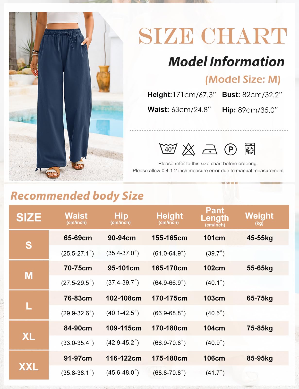 Niwicee Pantalon Fluide Femme Été Pantalon Femme Coton Décontracté avec Cordon Elegant avec Poches Pantalon Droit à Jambes Larges Printemps Pants