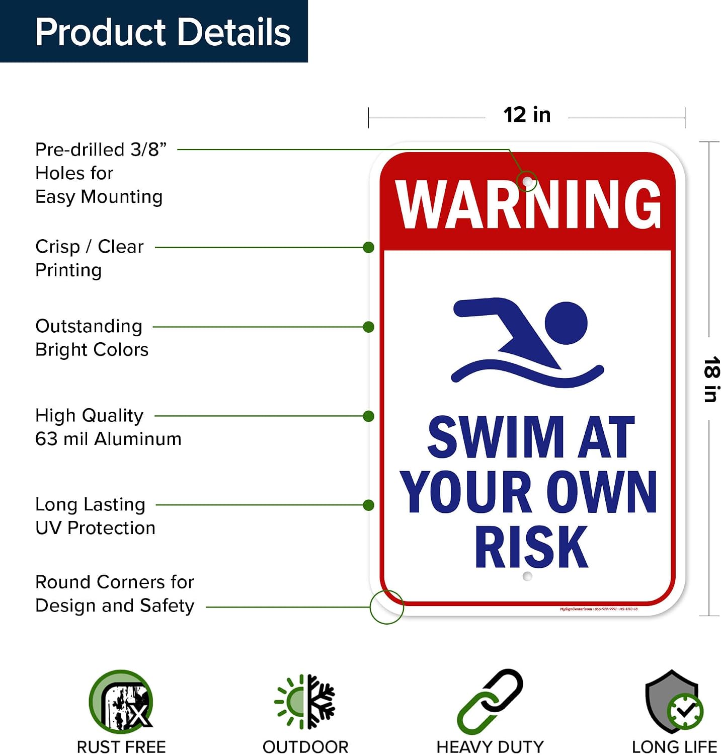 Warning Swim At Your Own Risk Sign, 12x18 Inches, Rust Free .063 Aluminum, Fade Resistant, Made in USA by My Sign Center