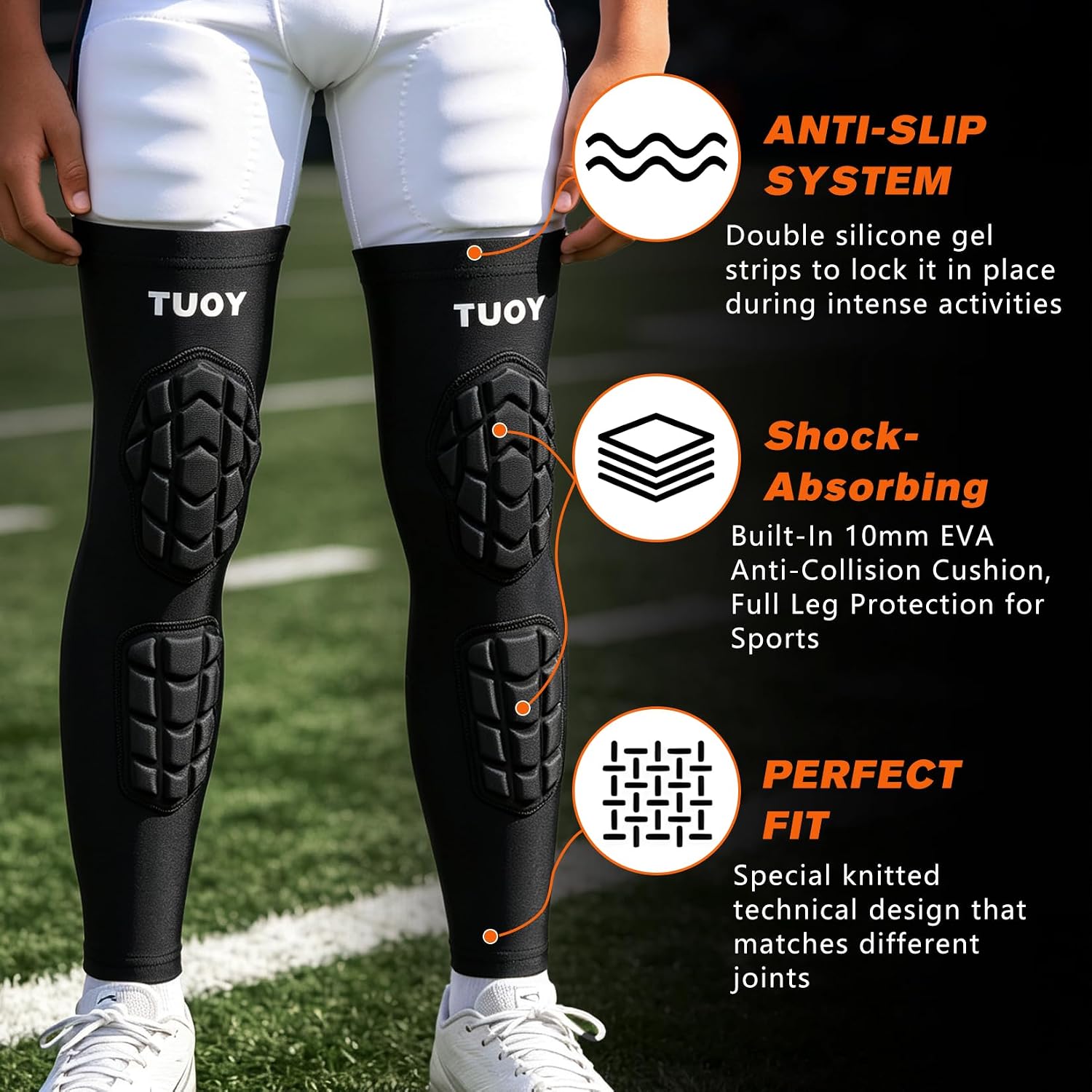 Youth Padded Knee & Shin Guards, Compression Junior Proslide Leg Sleeve Pads, Boys Sliding Anti-Slip Breathable Foam Padding Kids Knee Brace for Football & Multi-Sport (1 Pair)