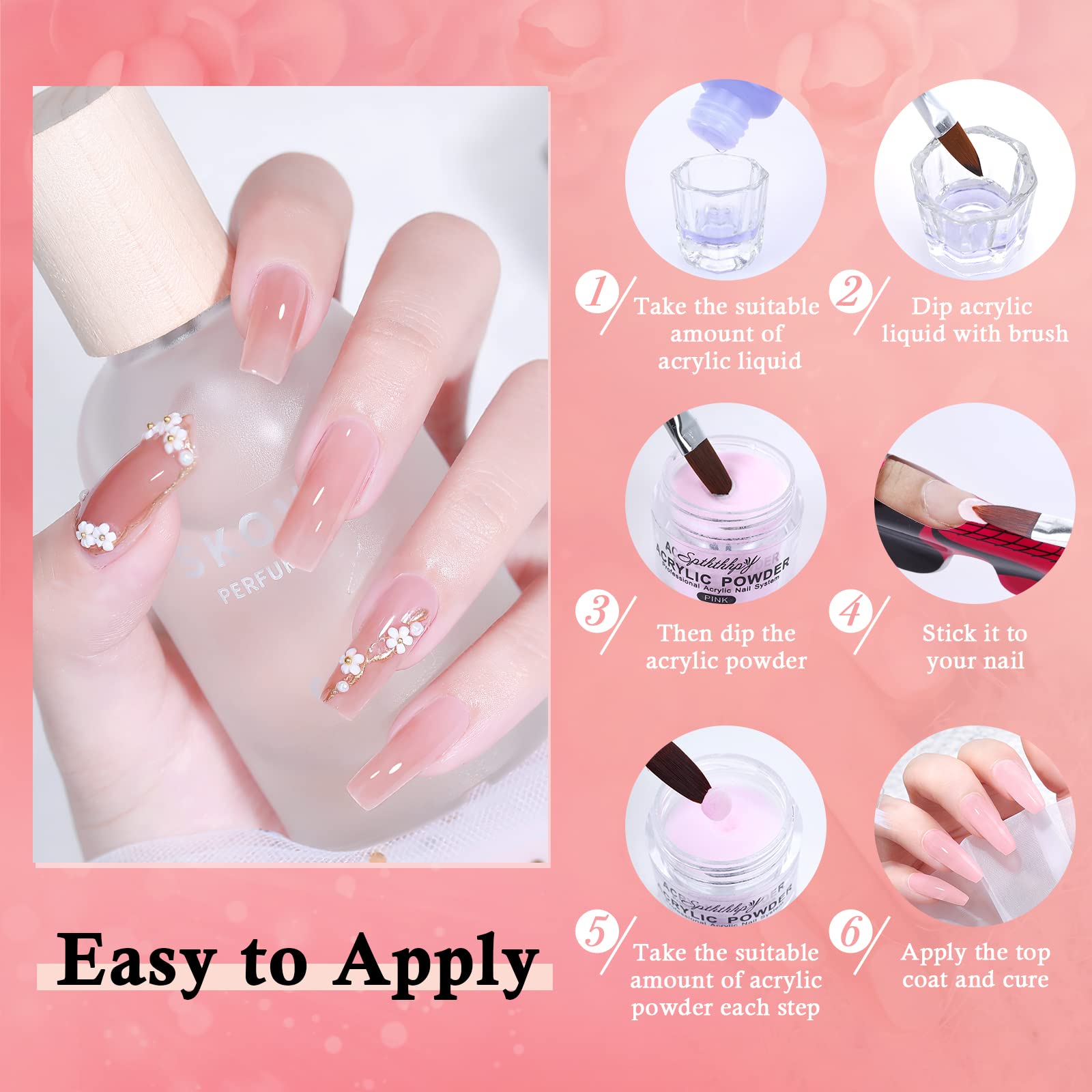 3PCS Poudre Acrylique pour Ongles SPTHTHHPY et 120ML Liquide Acrylique, Kit Vernis à Ongles Complet，Convient Aux Débutants et Aux ，Pas besoin de lampes UV