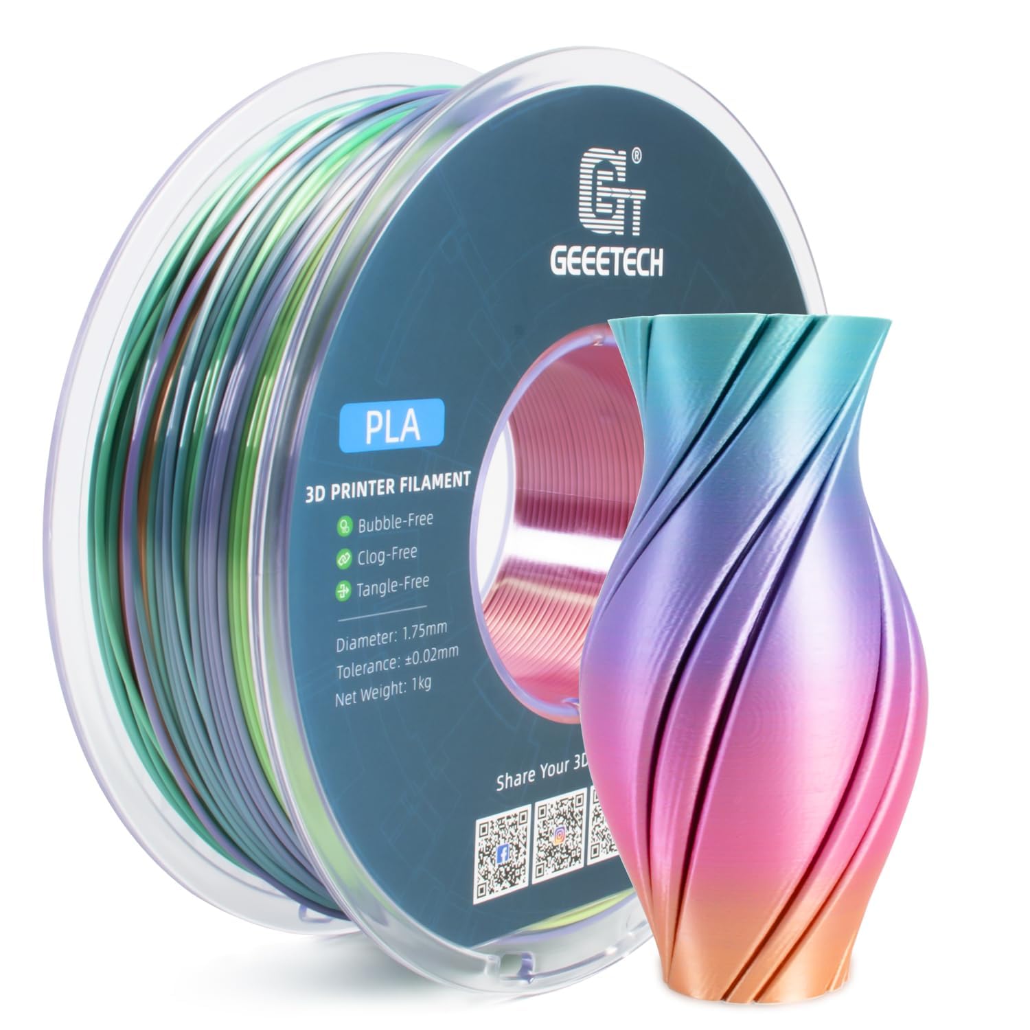 Geeetech Silk Rainbow PLA Filament 1.75mm, 3D Printer Multicolor Filament, Color Changing Filament 1kg (2.2lbs) 1 Spool, Dimensional Accuracy +/- 0.02 mm - Image 8