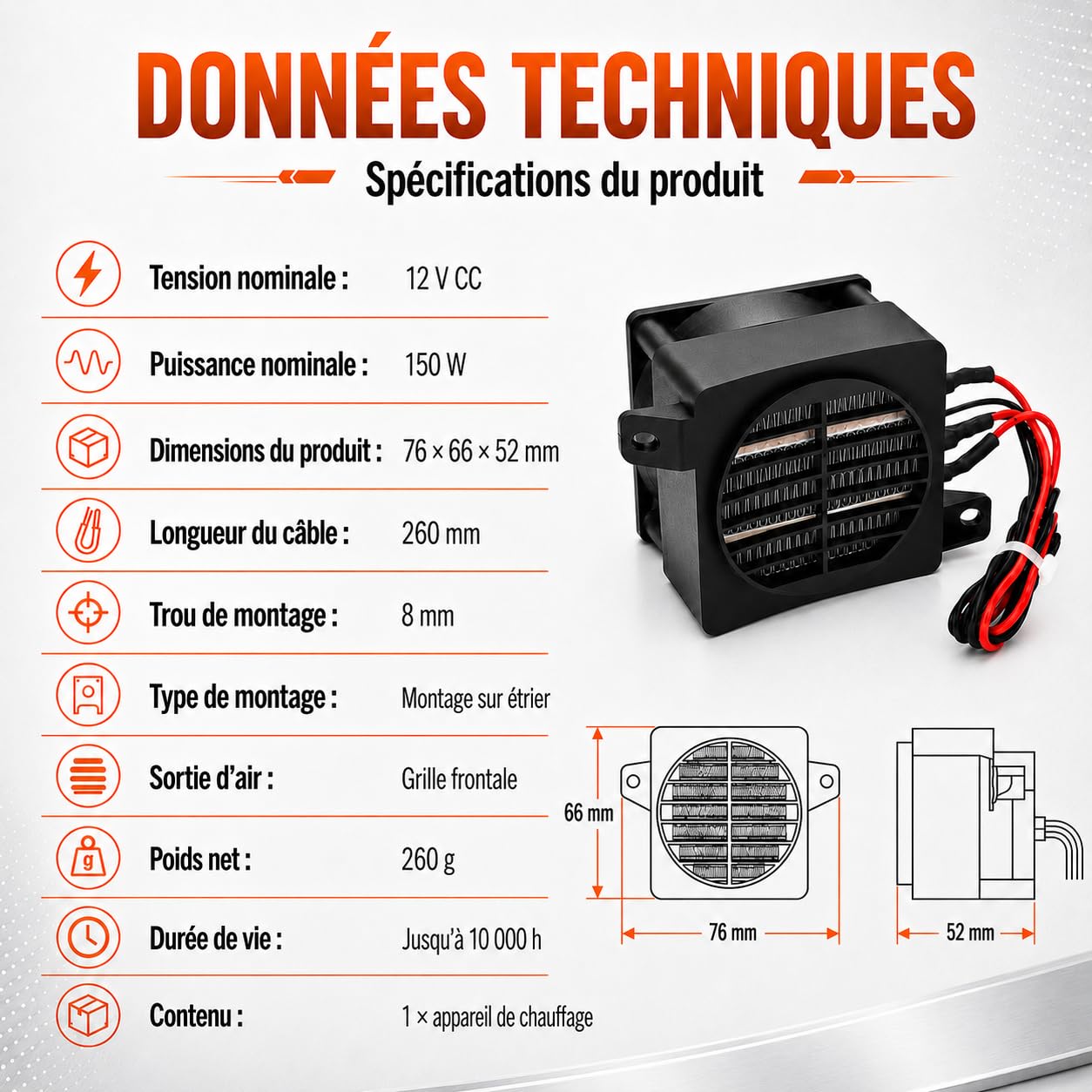 Réchauffeur d’Air PTC, 220 V 300 W Élément Chauffant Céramique avec Ventilateur, Module Chauffant Électrique à Température Constante Thermostat pour Humidificateur, Climatiseur, Appareils Électriques