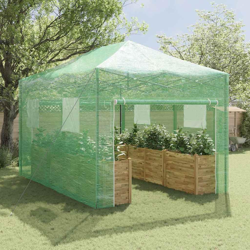 Serra con telaio pop-up, verde, 290 x 430 x 315 cm, in ferro, resistente alle intemperie, per giardino, balcone e terrazza, con copertura, porta, finestra, scaffale, protezione antigelo e