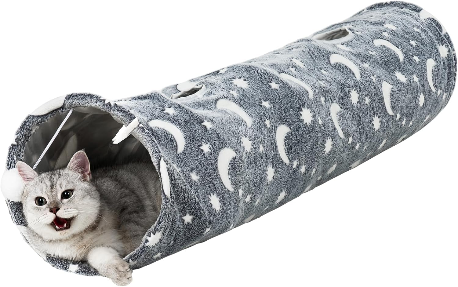 Collapsible Cat Tunnel Toy in Suede, Cat Tunnels for Indoor Cats with 2 Holes and Suspended Ball,for Cat, Puppy, Kitty, Rabbit… (Grey - Luminous)