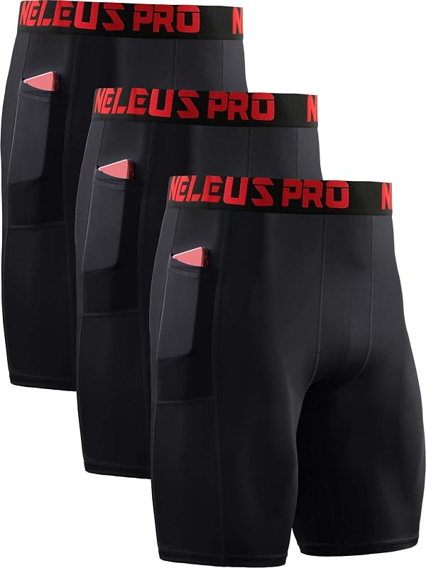 NELEUS Pack de 3 pantalones cortos de compresión para correr con bolsillos para hombre