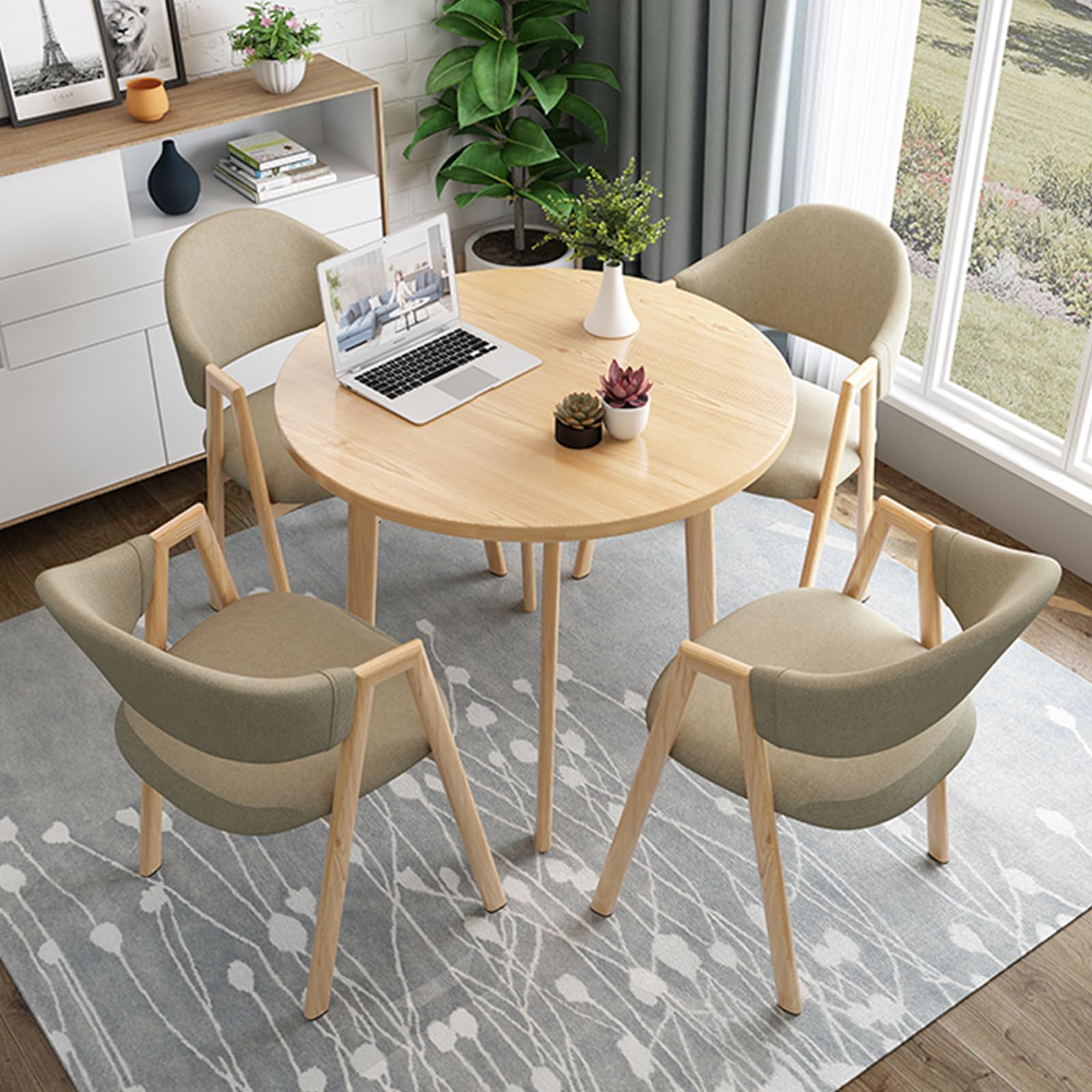 ASerZenith 5-Piece Office Table And Chair Set, Small Round Conference Table With Backrest Chairs, Space Saving Reception Room Furniture For 4,Khaki-D 31.5Inch/80Cm