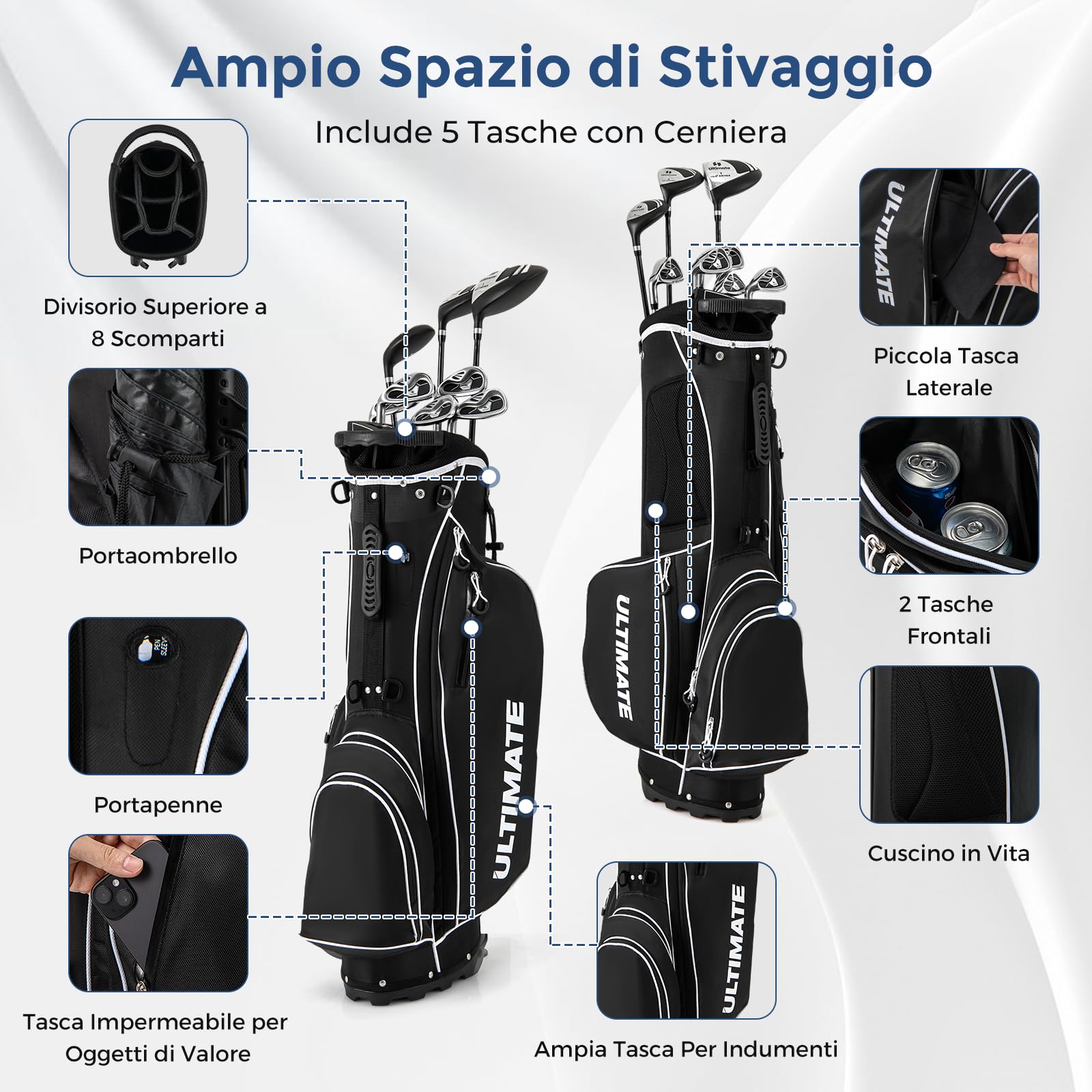 COSTWAY Set Completo di Mazze da Golf per Mancini da Uomo, Borsa Portatile con Supporto e Cappuccio Antipioggia, Include Driver 1 da 460CC, Fairway 3, Ibrido 4, Ferri 6, 7, 8, 9, P e Putter