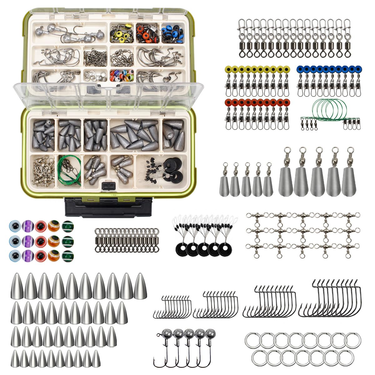 Kits de aparejos de terminal de pesca, kit de accesorios de pesca, caja de aparejos de pesca con ganchos, pesas, plomos y aparejos, giratorios de bagre, juego de aparejos de cebo, cabeza de plantilla,