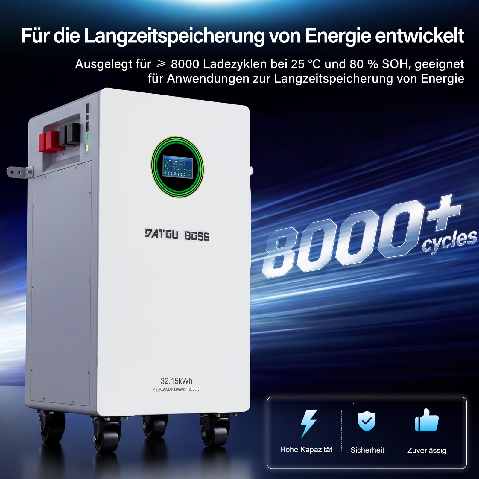 DATOUBOSS 51,2V 628Ah LiFePO4 Batterie 32,15kWh, 200A BMS, RS232/485/CAN