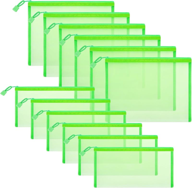 Sinzip Kit com 12 necessaires de malha de nylon com zíper, tamanhos A5+B6, verde