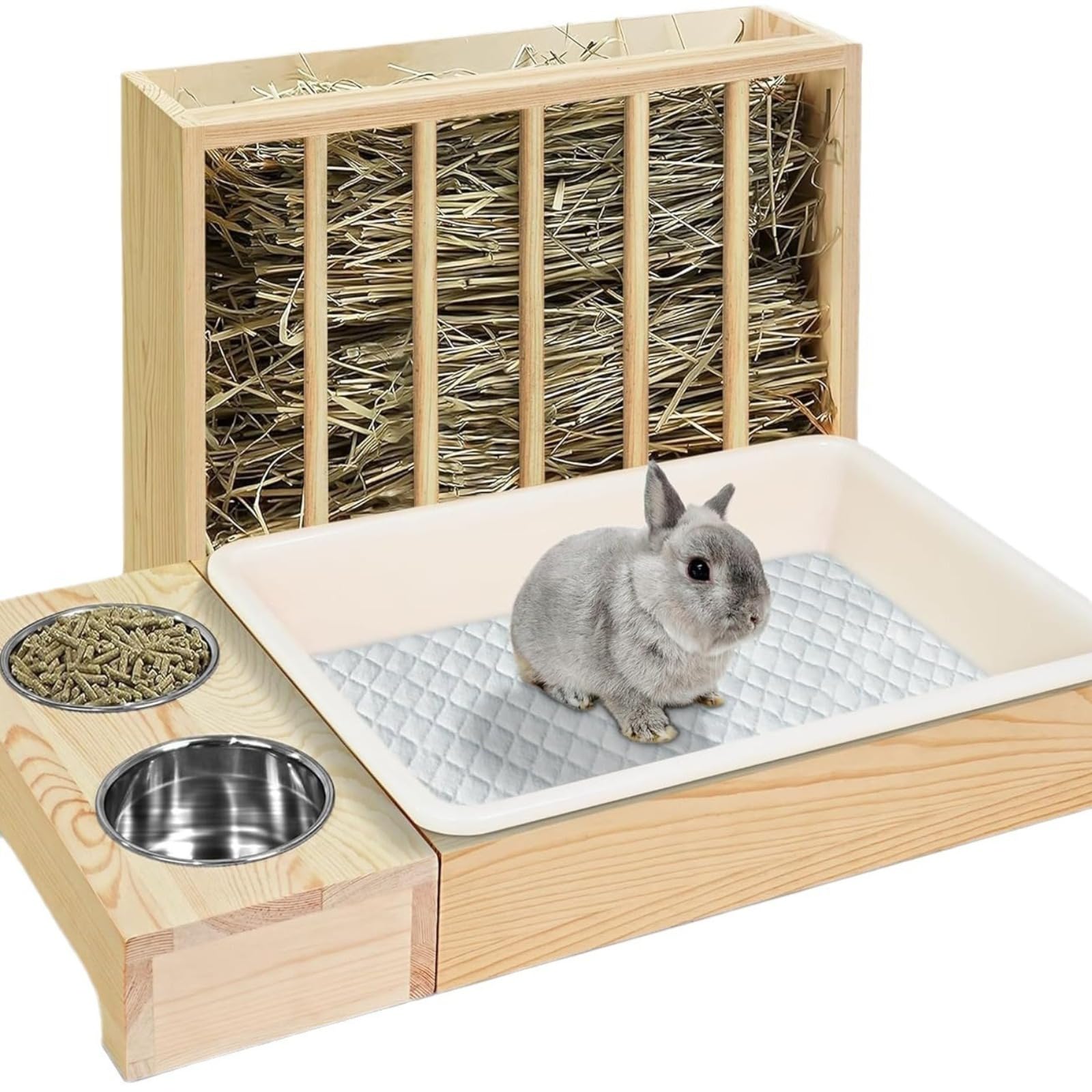 Lettiera 4 in 1 per piccoli animali da compagnia, criceti, furetto, mangiatoia, mangiatoia per fieno coniglio, mangiatoia per fieno in legno, per coniglio con vassoio (non bottiglia d'acqua)