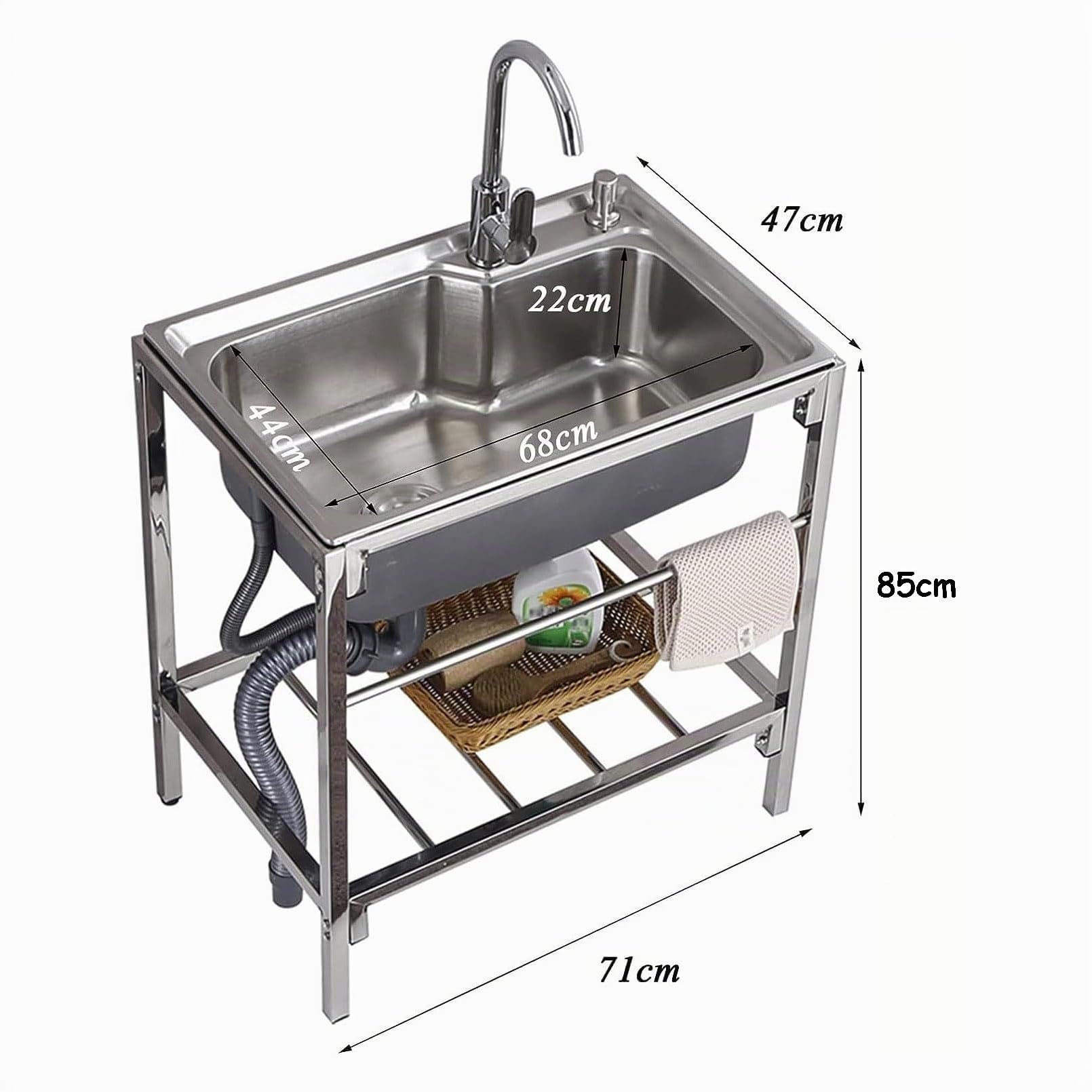 Fregadero 304 de acero inoxidable, 1 compartimento, independiente, fregadero comercial para restaurante con grifos fríos y calientes, preparación y uso, lavabo de mano para cocina, garaje, lavandería