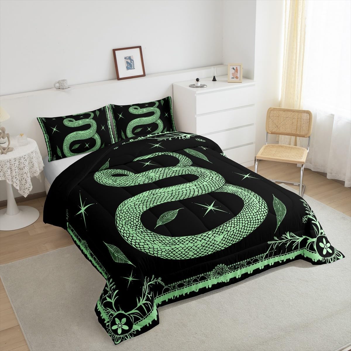 jejeloiu Boho Snake Comforter Set Queen Size Bohemian Wild Animal Bedding Set for Boys Girls Children Wildlife Comforter Green Black Room Decor Bed Set with 1 Comforter, 2 Pillow Case Quilt Set