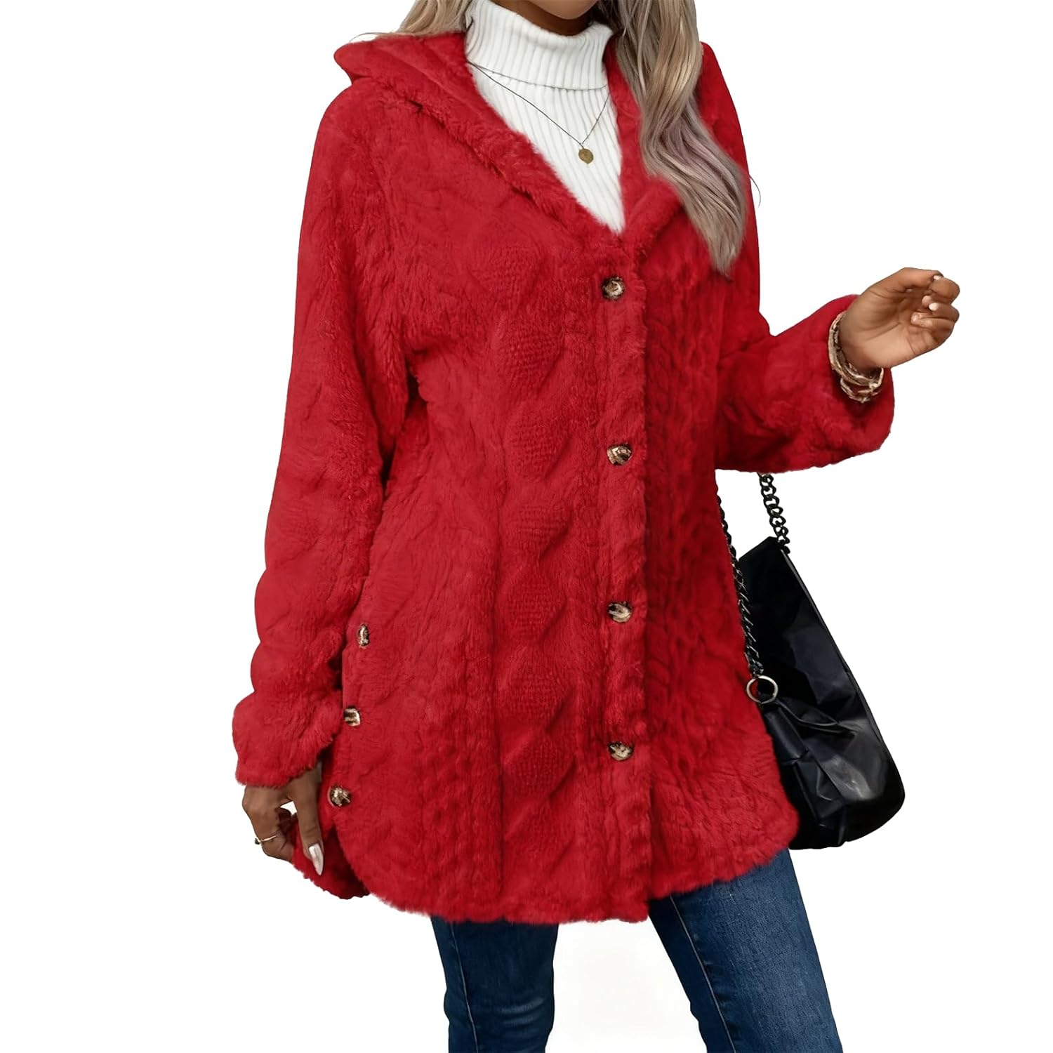 Womens Fall Winter Warm Fashion Jacquard Hooded Cardigan Long Sleeve Coat Stylish Outerwear for Casual Daily Wear