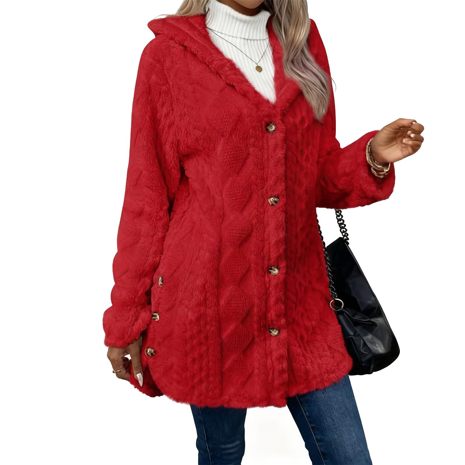 Womens Fall Winter Warm Fashion Jacquard Hooded Cardigan Long Sleeve Coat Stylish Outerwear for Casual Daily Wear