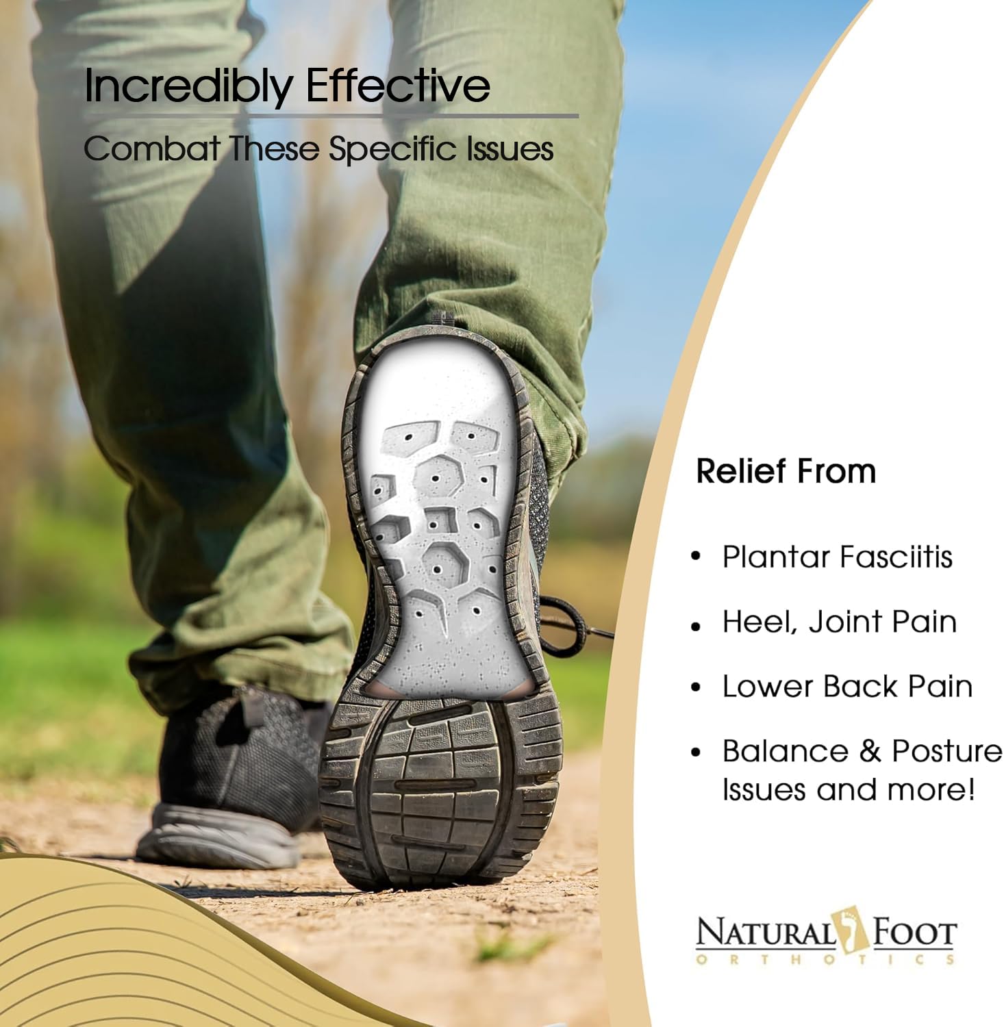 Natural Foot Orthotics. Podólogo diseñado para arcos de altura media. Recomendado para fascitis plantar, espolones en el talón, juanetes, neuromas y dedos en martillo. Plantillas de soporte de arco