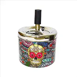 Cinzeiro Metal C/Tampa Anti-Cheiro Giratória Redondo À Prova De Vento 9x7,5cm Fechado Automático Estampas Caveiras Mexicanas Premium (Golden Skull)