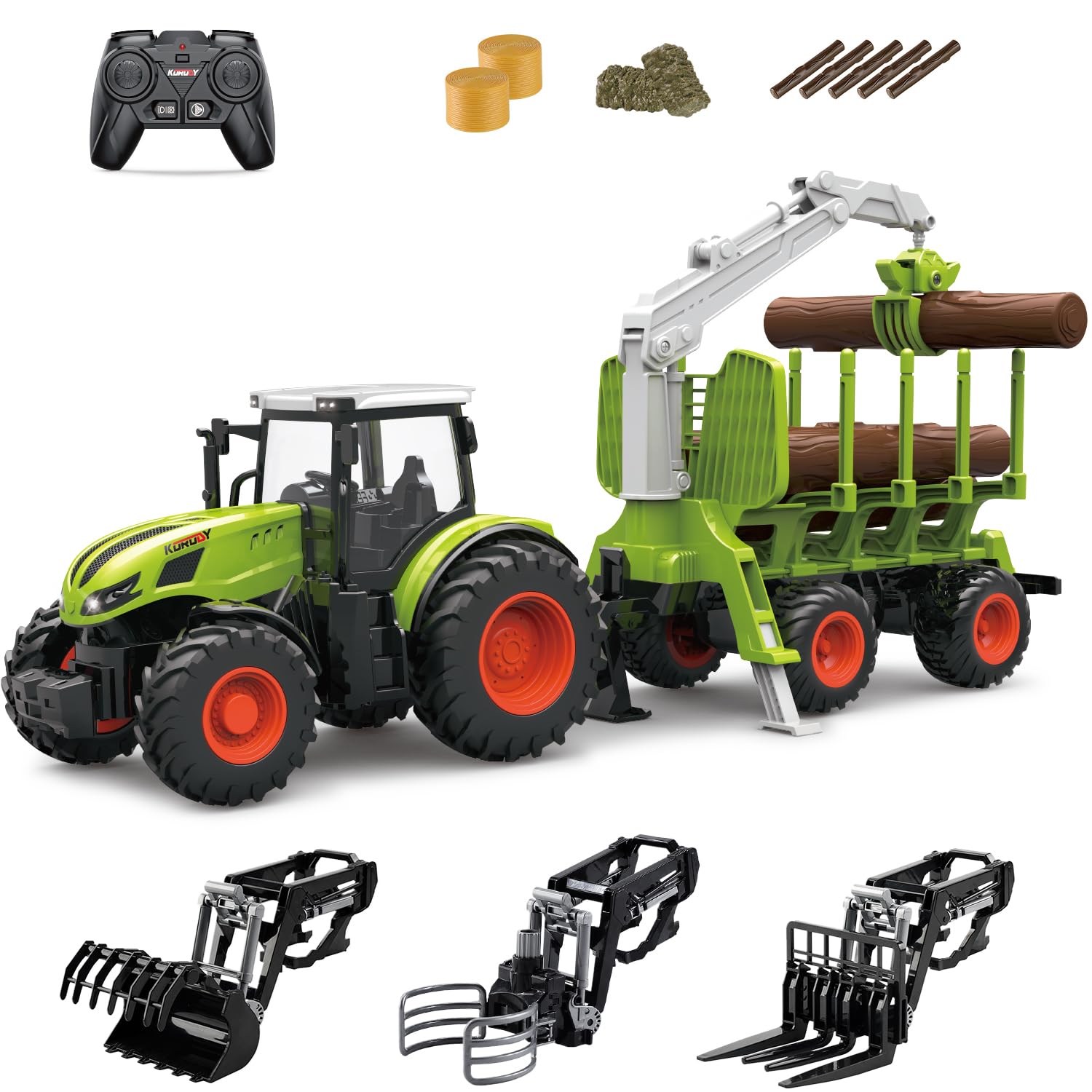 fisca Ferngesteuerter Traktor, RC Ackerschlepper mit Anhänger, inklusive Traktor, Holzgreifer, Holzleisten und Greifer, Forker, Trägerarm, Bauernhof Spielset Farm für Kinder 5 6 7 8+ Jahre