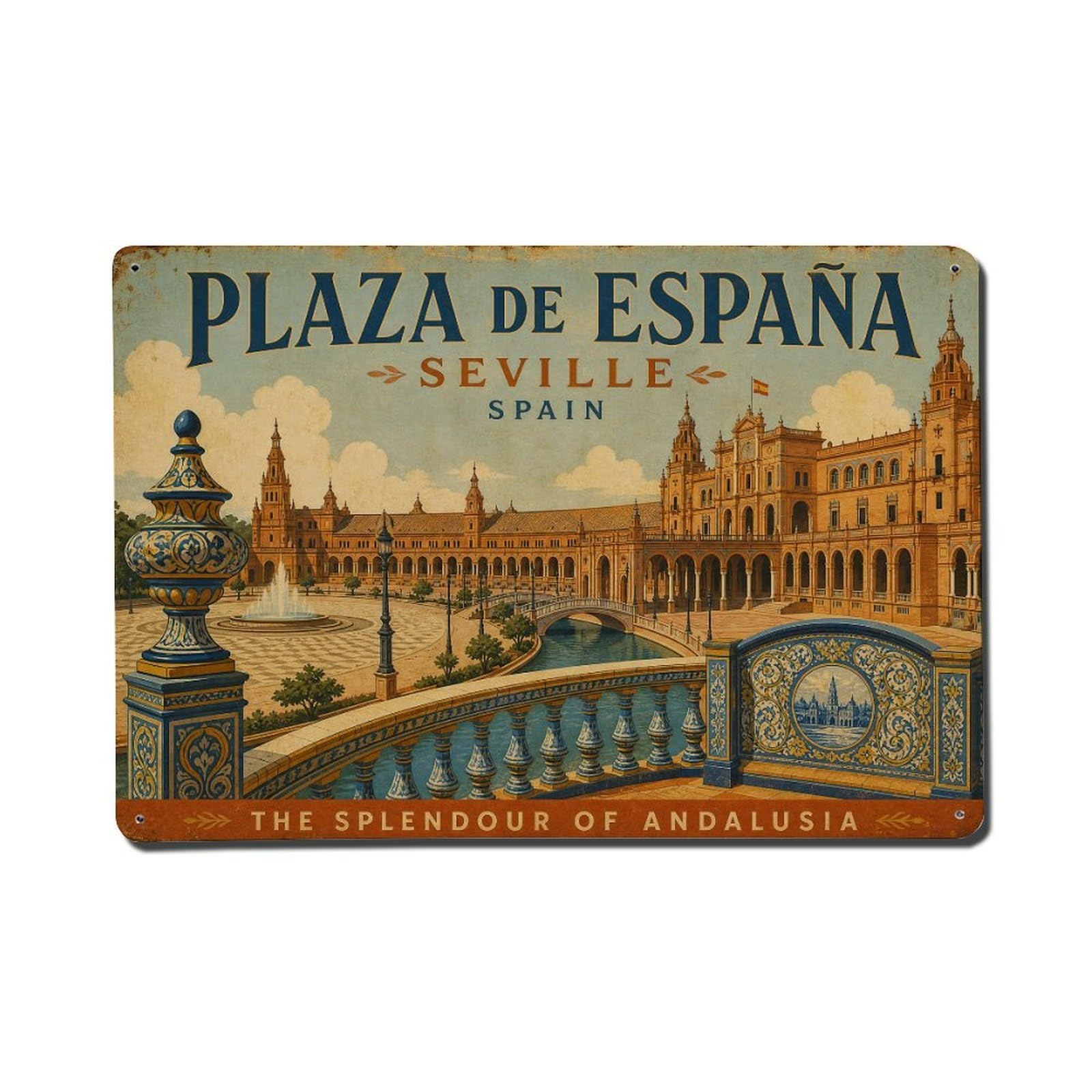 Vintage Travel Plaza Espana Seville Semicircular Square Metal Tin Sign