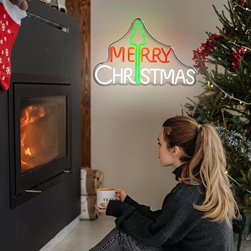 Miniatura 5 de Letreros de neón de Feliz Navidad como regalo, letras rojas y blancas con luces LED de árbol para decoración de pared de fiesta, "16.9 x 11 in",