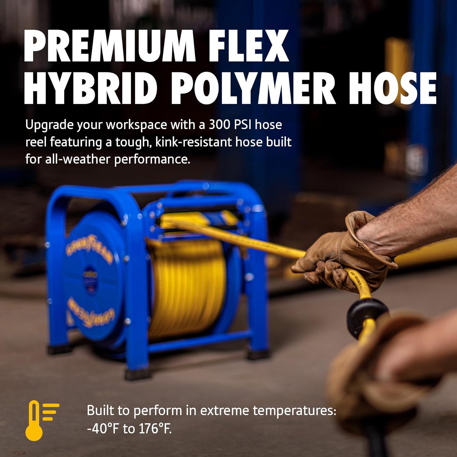 Goodyear Retractable Air Hose Reel, 3/8" x 100 Feet, 300 PSI, Spring-Driven Steel, Heavy Duty Industrial, Flex Hybrid Polymer Hose, Portable and Durable