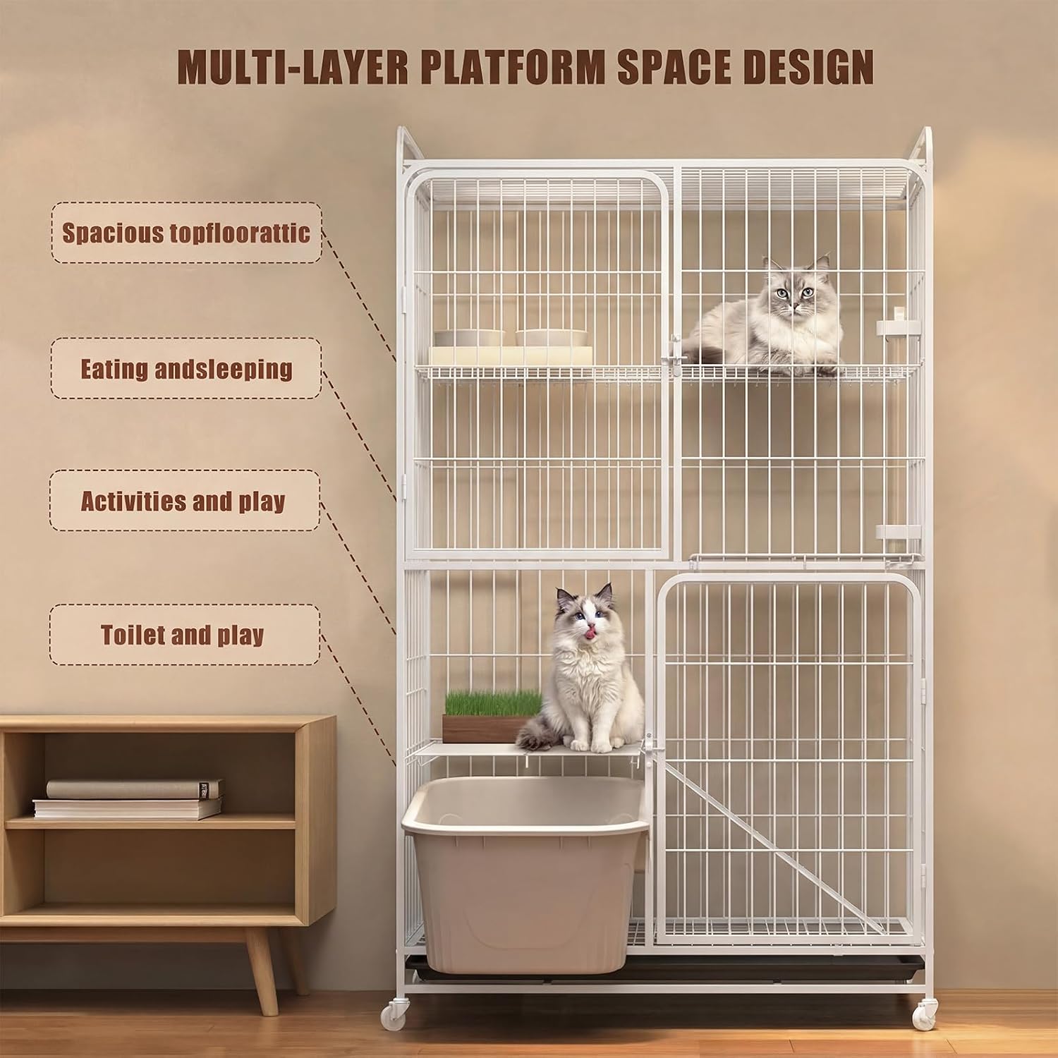 Generic 4-Tier Cat Cages Crate with 360 Degree Wheels Large Cat Enclosures 30.31x20.47x53.54in Collapsible Metal Wire Ferret Playpen for Indoor Adult Cats Kitten Chinchilla