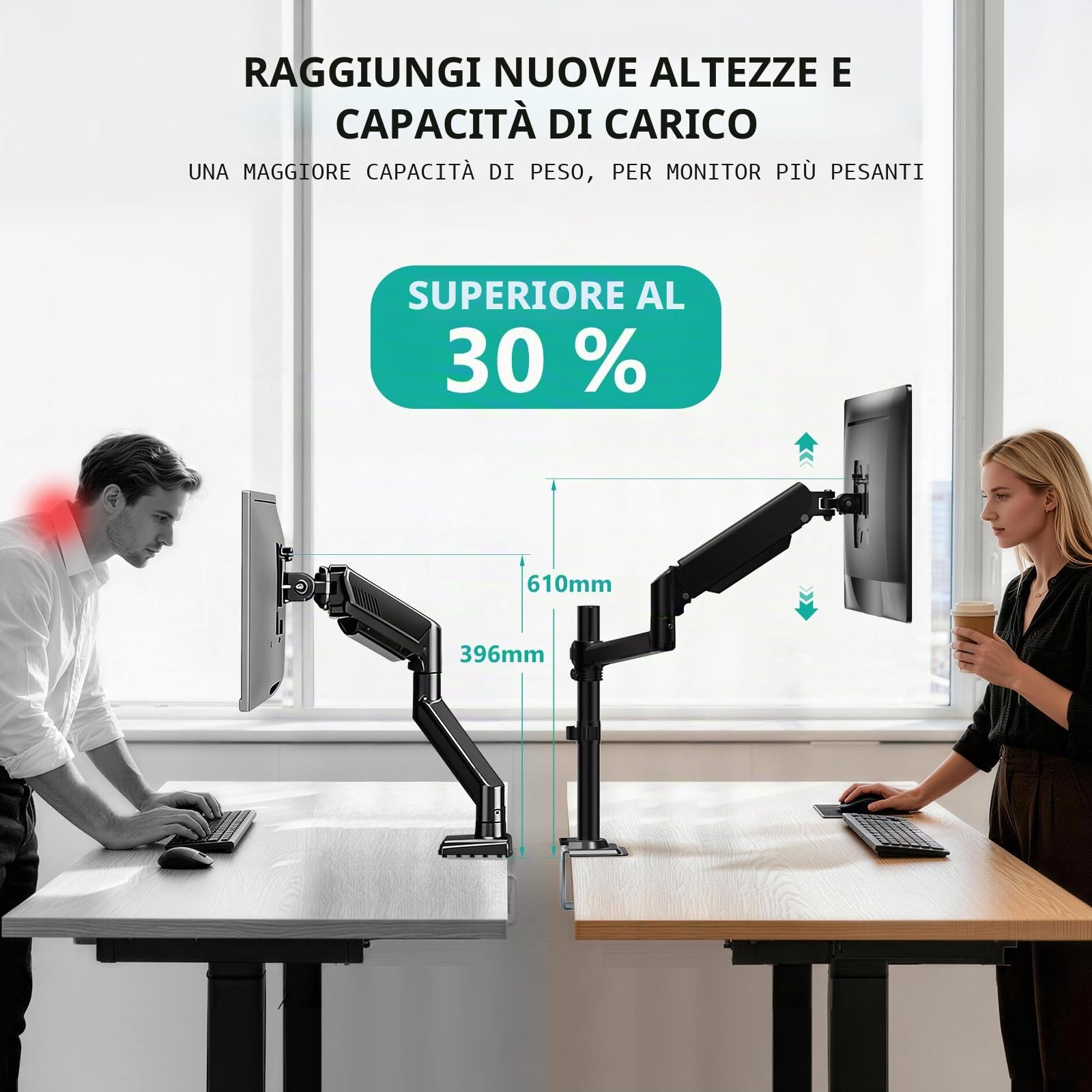 WALI Braccio singolo per monitor da 13 a 32 pollici, supporto regolabile per monitor con molla a gas, supporto per monitor del computer con rotazione inclinabile, morsetto a C e base con occhiello,