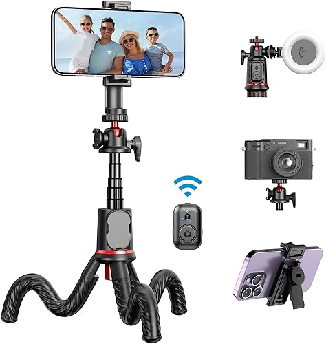 Trípode para iPhone, trípode flexible para cámara extensible para teléfono celular con control remoto inalámbrico, rotación de 360°, trípode de