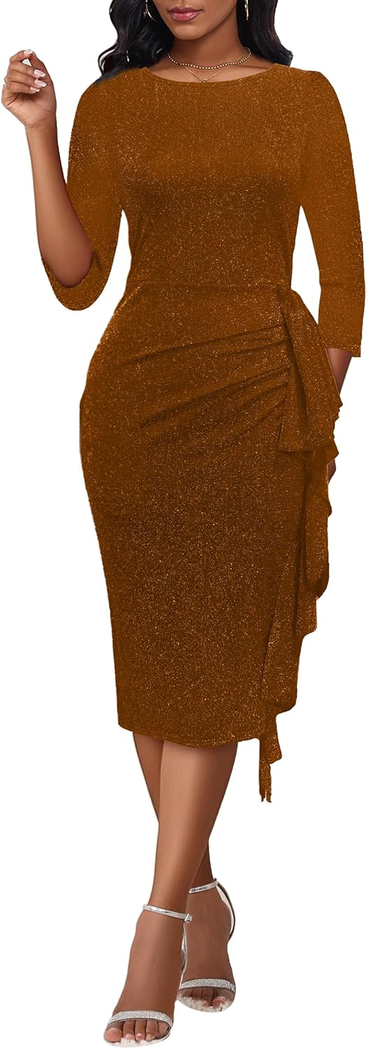 VERWIN Women's 3/4 Sleeve Round Neck Ruffle Sparkly Split Bodycon Casual Party Cocktail Evening Midi Dress