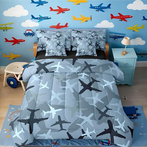 Erosebridal Blue Airplane 7 Piece Comforter Set Full Bed in A Bag,Camo Aircraft 