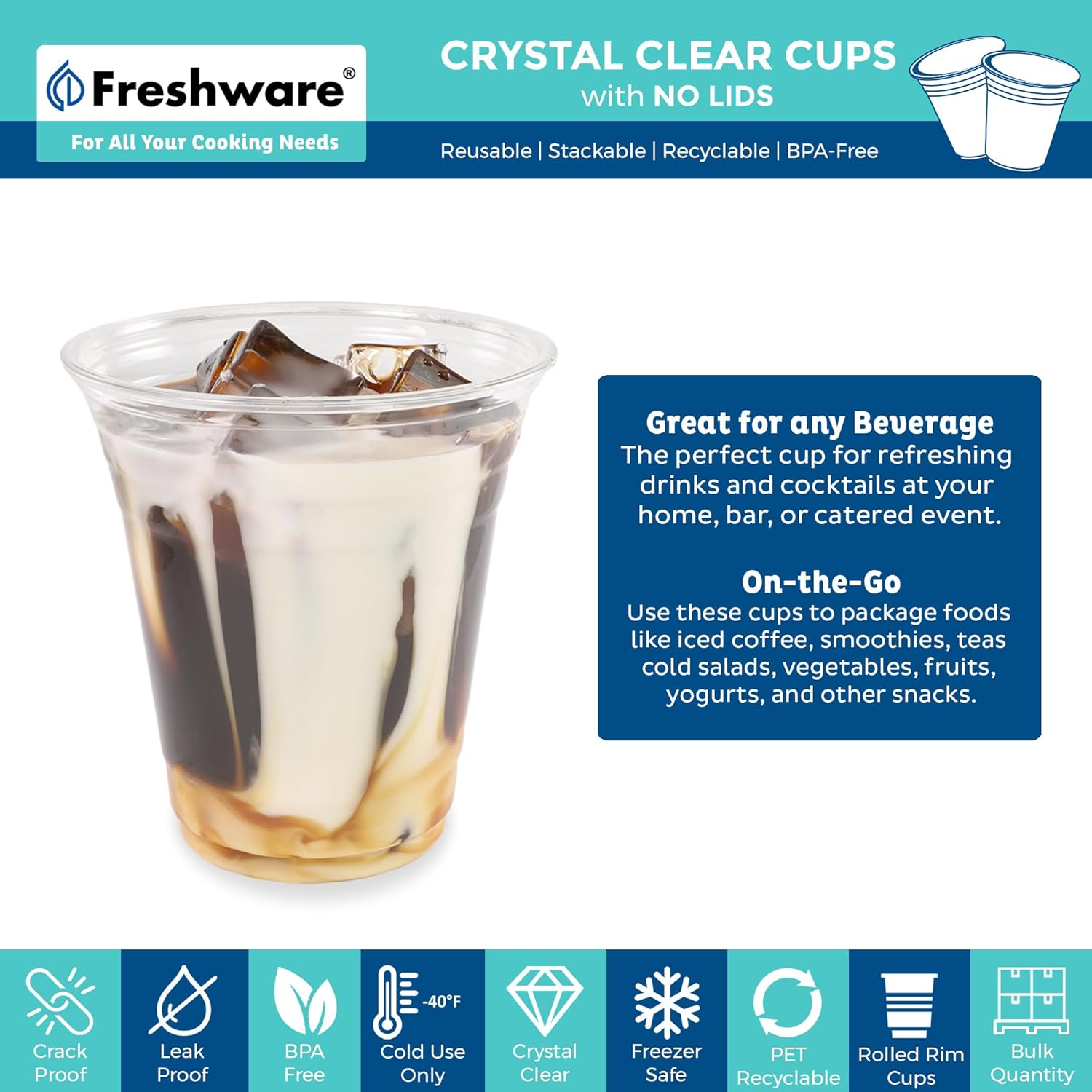 Freshware Plastic Cups [12 oz, 1000-PCS] - Disposable Cold Drink Party Soda Cups, Crystal Clear PET Cups