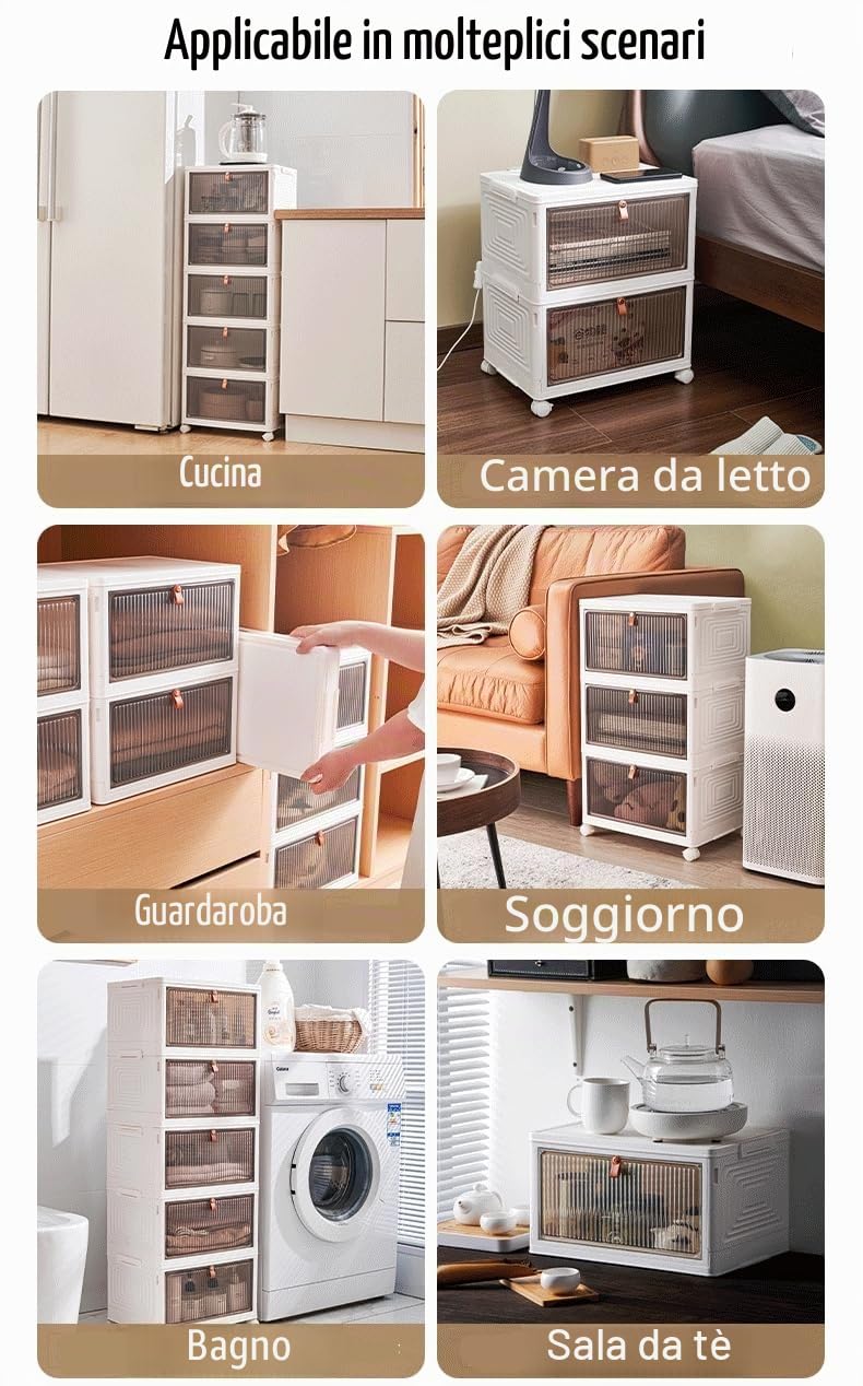 Contenitori pieghevoli con coperchio, ruote e porta magnetica, organizer pieghevole impilabile in ABS per cucina, guardaroba, soggiorno, ufficio (6 ripiani)