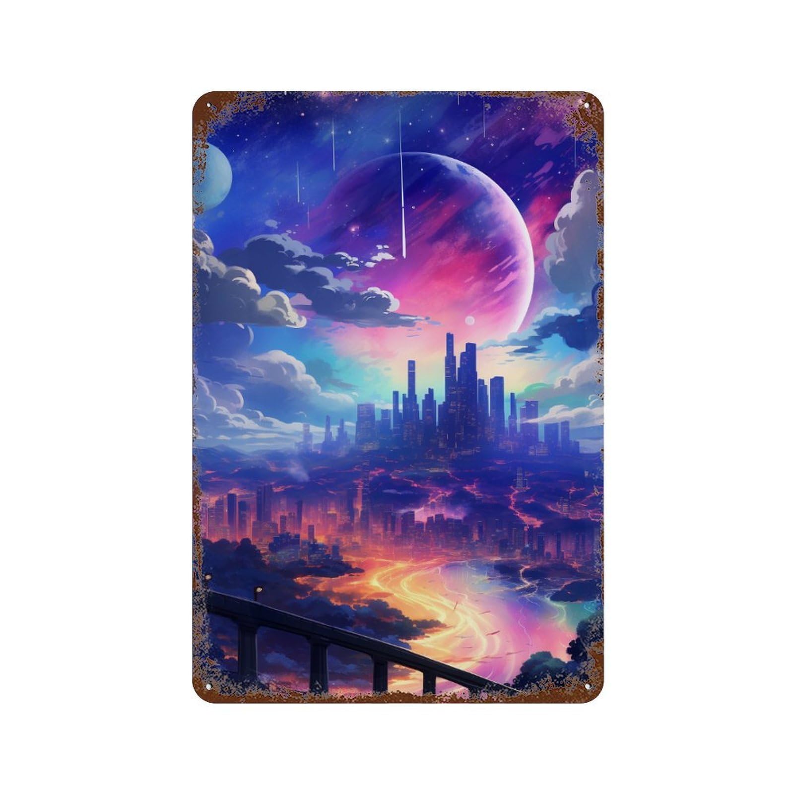 Fantasy Cityscape with Planets Retro Metal Sign 11.8"x7.9", for Bistro, Counter And Cafe Decor, Rustic Home Decor