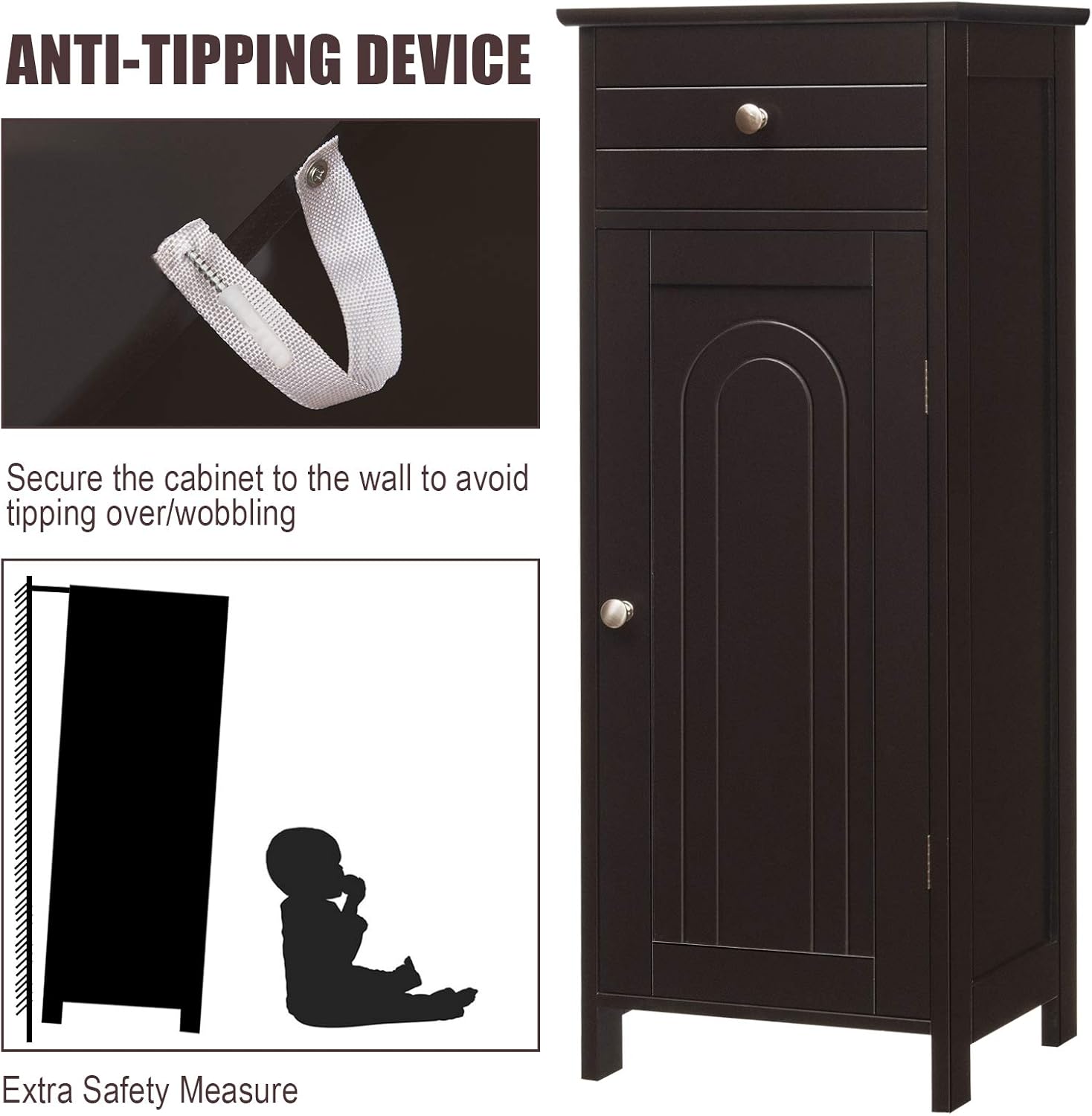 MAT EXPERT Small Bathroom Storage Cabinet, Bathroom Floor Cabinet w/Drawer & Adjustable Shelves, Single Door, Modern Small Cabinet for Entryway, Living Room, Office (Brown)