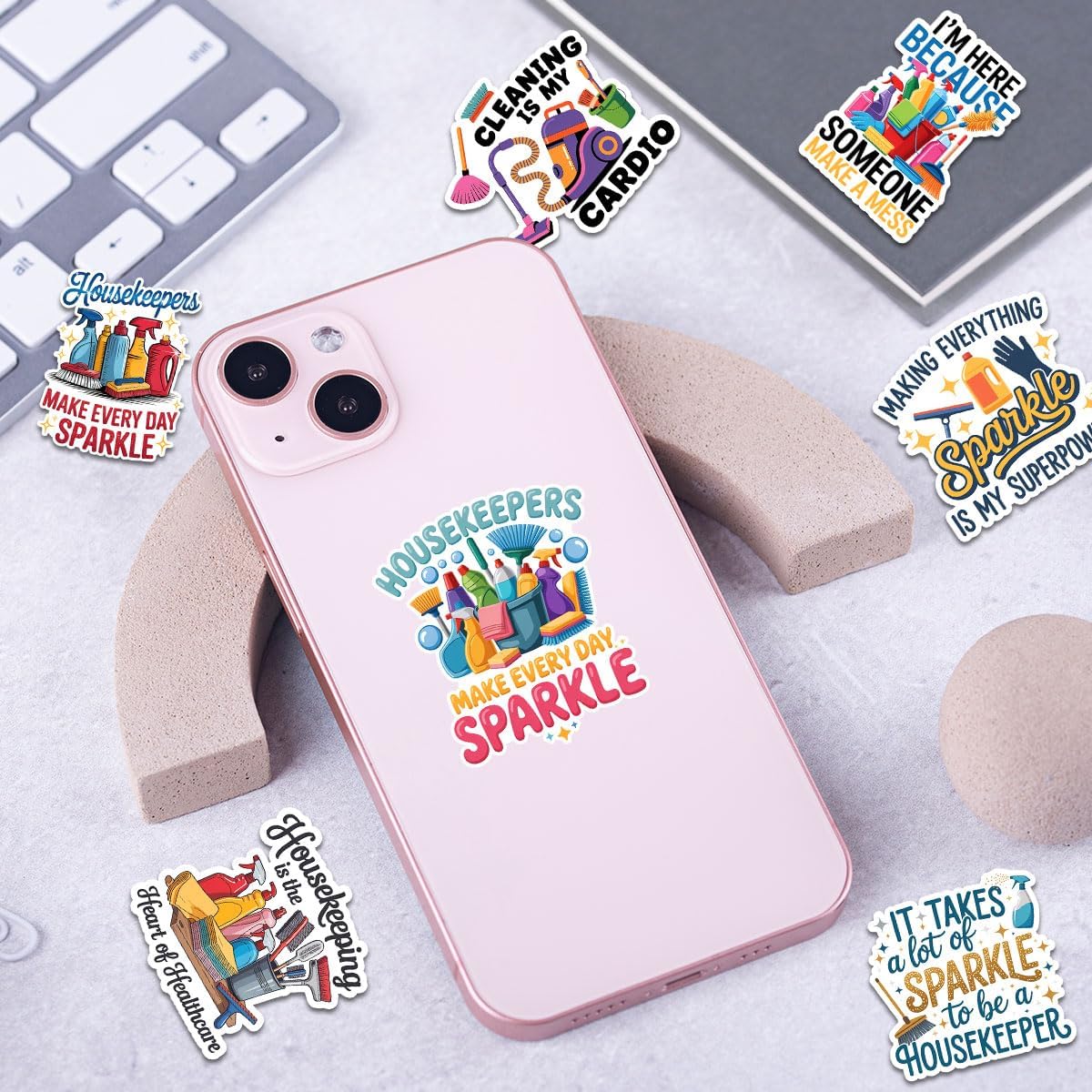 12 Pcs Housekeeper Stickers Pack, Funny Cleaning Quotes Sparkle Aesthetic Janitor Custodian Staff Appreciation Decals for Laptop Water Bottle Journal image 3